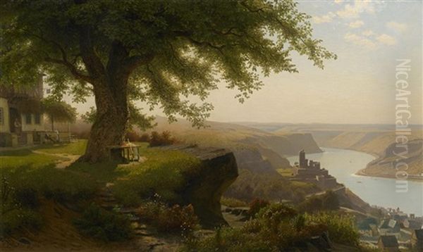 Blick Auf Burg Katz, Im Hintergrund Die Loreley Oil Painting by Christian Eduard Boettcher