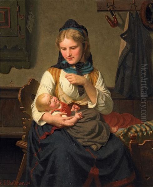 Junge Mutter Mit Ihrem Saugling Oil Painting by Christian Eduard Boettcher