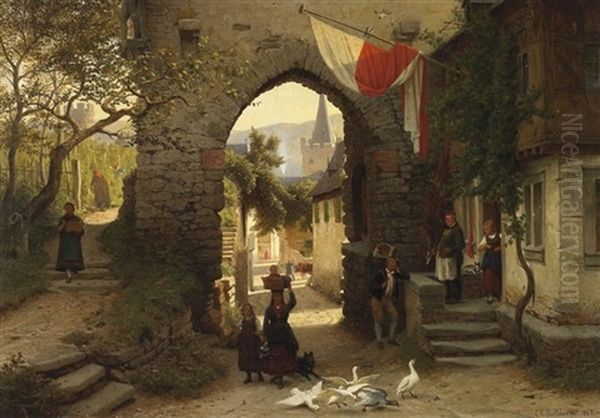 Bacharach Am Rhein. Buntes Treiben In Einer Dorfgasse, Im Hintergrund Der Kirchturm Von St. Peter Oil Painting by Christian Eduard Boettcher