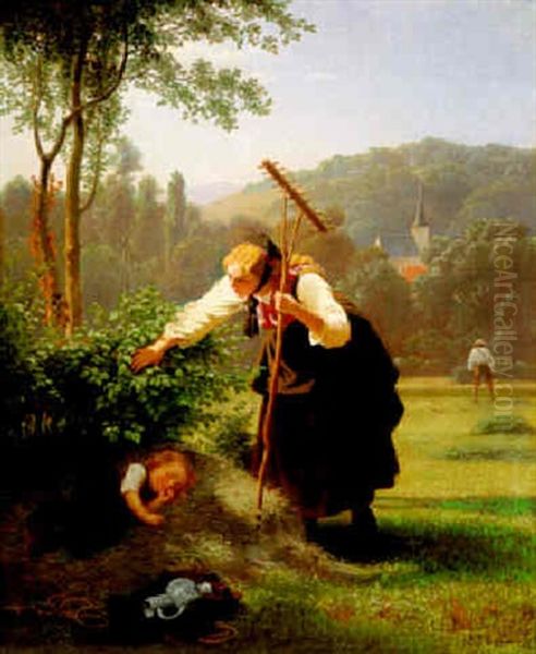 Mittagsruhe, Junge Baeuerin In Hessischer Tracht Oil Painting by Christian Eduard Boettcher