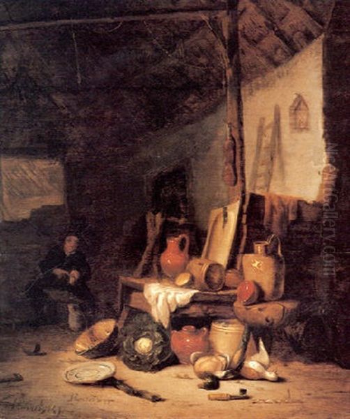 The Corner Of A Barn With Earthenware Vessels, A Cabbage    A Copper Pot And Other Kitchen Implements Oil Painting by Hendrik Bogaert