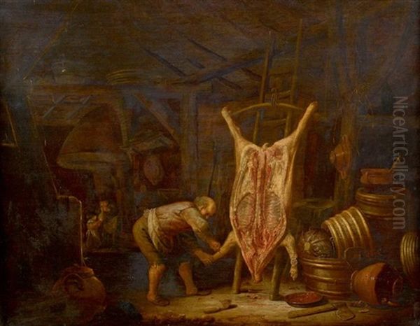 Interieur De Cuisine Avec Un Porc Ecorche Oil Painting by Hendrik Hendricksz Bogaert