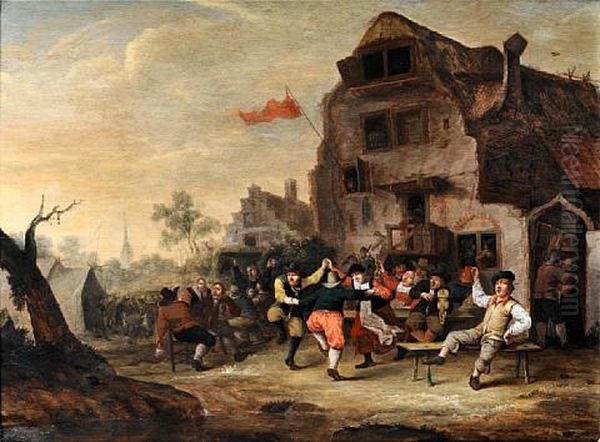 Figures Dancing And Drinking Before A Country Inn Oil Painting by Hendrik Hendricksz Bogaert