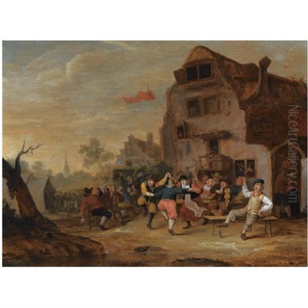 Peasants Dancing And Drinking Outside An Inn, A Church Tower Beyond Oil Painting by Hendrik Hendricksz Bogaert