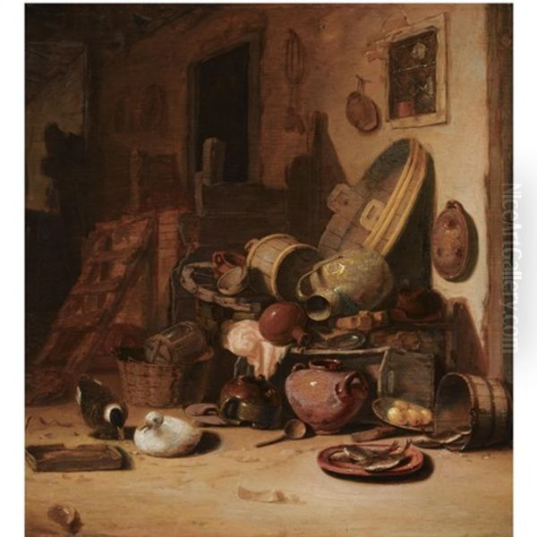 A Still Life Of Earthenware Pots, Barrels, Baskets, Jugs, An Earthenware Plate With Fish, Together With Ducks, In A Barn Oil Painting by Hendrik Hendricksz Bogaert