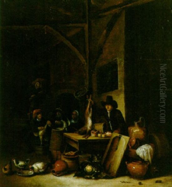 A Sportsman Displaying A Dead Hare With Peasants Preparing Game Beyond, Chickens, A Cabbage, Pots And Pans In The Foreground Oil Painting by Hendrik Hendricksz Bogaert