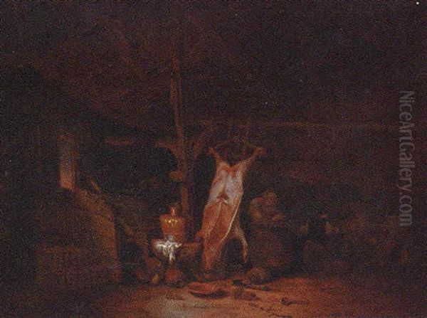 The Interior Of A Barn, With A Slaughtered Pig, A Maid And Two Fighting Peasants Oil Painting by Hendrik Hendricksz Bogaert