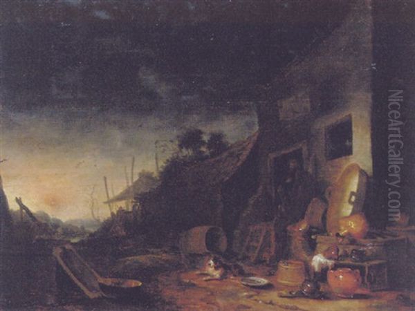 Pots And Barrels By A Farm, With A Peasant Standing In The Doorway And His Dog Looking Out Oil Painting by Hendrik Hendricksz Bogaert