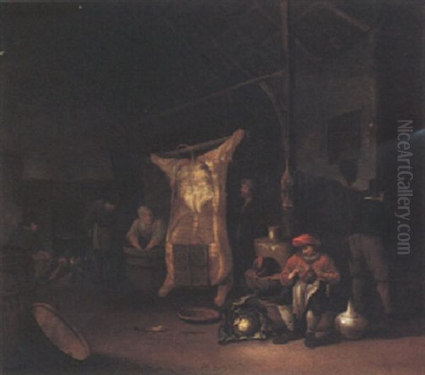 A Kitchen Interior With Peasants And A Hung Carcass Oil Painting by Hendrik Hendricksz Bogaert