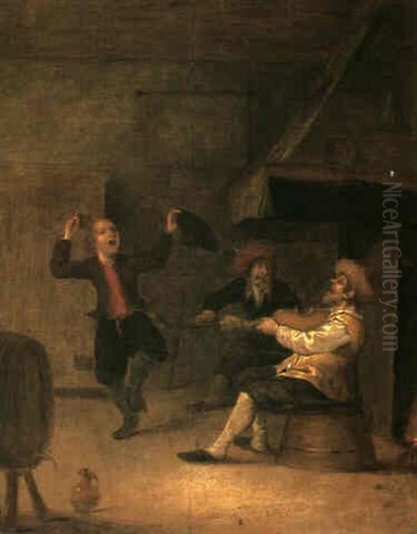 An Interior Of An Inn With A Man Dancing A Gig To A Fiddle  Played By His Companion Oil Painting by Hendrik Hendricksz Bogaert