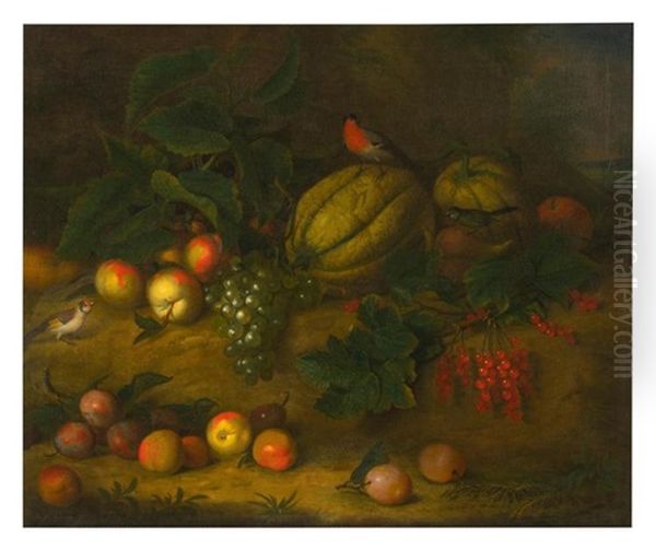 A Still Life With Plums, Grapes, A Melon And Songbirds Oil Painting by Jakob Bogdani