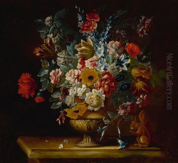 A Still Life With Flowers In A Footed Vase With A Squirrel On A Table Oil Painting by Jakob Bogdani