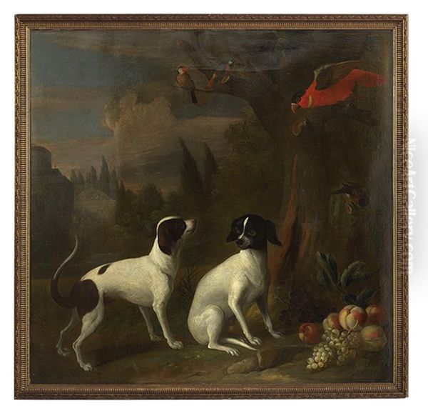 Exotic Birds In A Park With Hunting Dogs And A Still Life Of Fruit Oil Painting by Jakob Bogdani