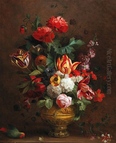 A Still Life Of Flowers With A Parrot Oil Painting by Jakob Bogdani