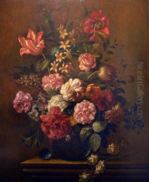 Bouquet De Roses, Des Tulipes, Des Pavots Et D'autres Fleurs Dans Un Vase En Verre Oil Painting by Jakob Bogdani