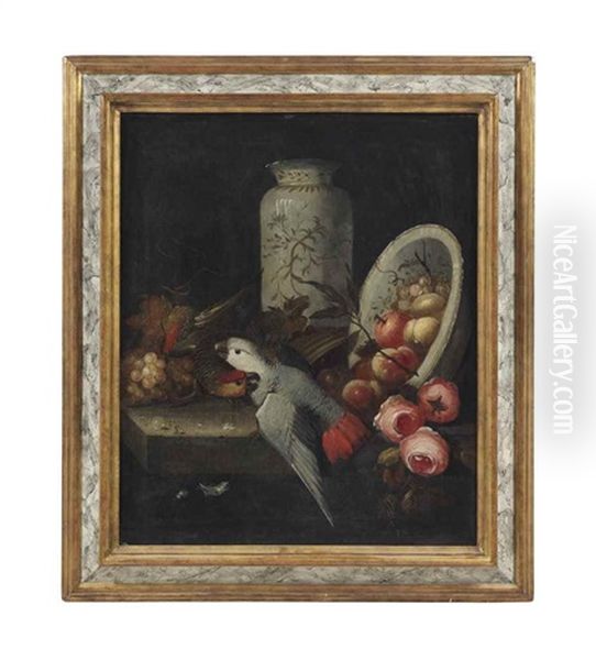 A Pair Of Parrots With Grapes, Roses, Peaches, An Orange And A China Vase And Bowl Oil Painting by Jakob Bogdani