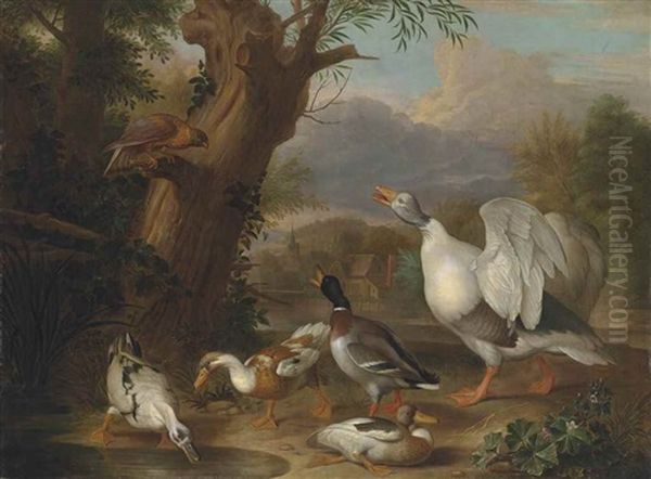 A Goose, Mallard And Ducks Before A Lake, With A Hawk Perched On A Tree Branch, A Village Beyond Oil Painting by Jakob Bogdani