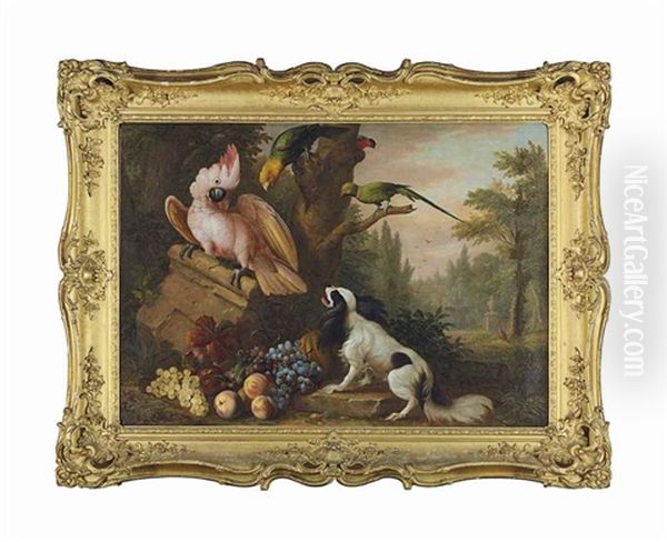 A Cockatoo, Parrots And A King Charles Spaniel, With Fruit And Fallen Masonry, In A Classical Landscape Oil Painting by Jakob Bogdani