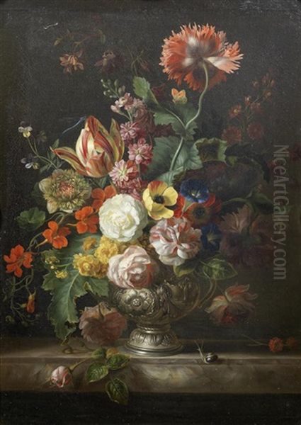 Roses, Tulips, Marigolds And Other Flowers In A Silver Vase On A Marble Ledge Oil Painting by Jakob Bogdani