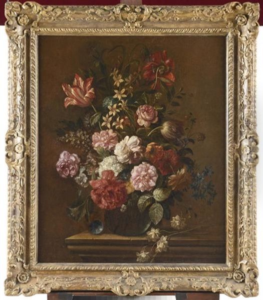 Vase Pose Sur Une Console Contenant Des Roses Cent-feuilles, Des Tulipes, Des Pavots, Des Pivoines, Des Anemones Simples Et Doubles, Des Hypomees, Des Boules De Neige Et D'autres Fleurs Oil Painting by Jakob Bogdani