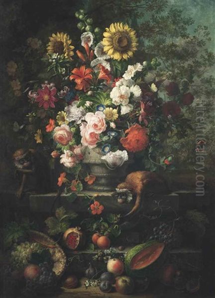 Sunflowers, Roses, Carnations, Peonies, Lilies And Other Flowers In A Stone Vase On Steps With Monkeys Amongst Cantaloupe, Pomegranate, Peaches, Plums And Other Fruit Oil Painting by Jakob Bogdani