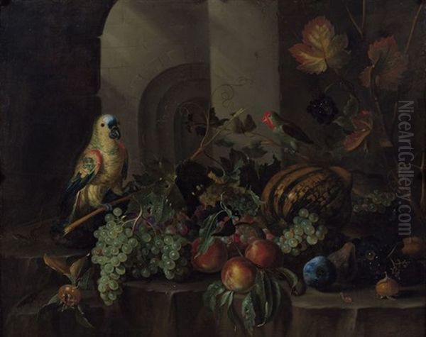 Fruits Et Perroquets Sur Un Entablement De Pierre Oil Painting by Jakob Bogdani