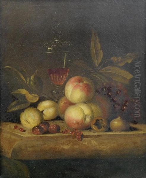 Peaches, Figs, Grapes, Redcurrants, Loganberries And A Glass Cup And Cover With Wine On A Stone Ledge Oil Painting by Jakob Bogdani