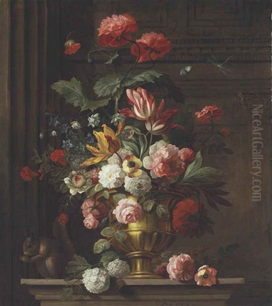 Roses, Carnations, Hydrangeas, Tulips, And Other Flowers In A Decorated Vase On A Ledge With A Squirrel, Butterfly, And A Dragonfly Oil Painting by Jakob Bogdani