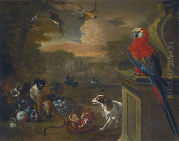 A Monkey A Spaniel, A Macaw, A Swallow And Other Birds In An Extensive Parkland Landscape Oil Painting by Jakob Bogdani