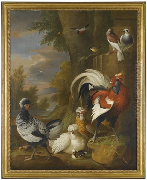 A Cock, Hens, Pigeons And Other Birds In An Extensive Landscape Oil Painting by Jakob Bogdani