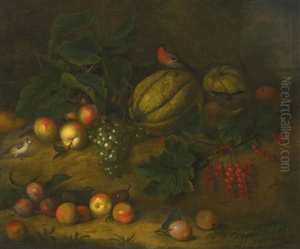 Still Life With Plums, Grapes, A Melon And Songbirds Oil Painting by Jakob Bogdani