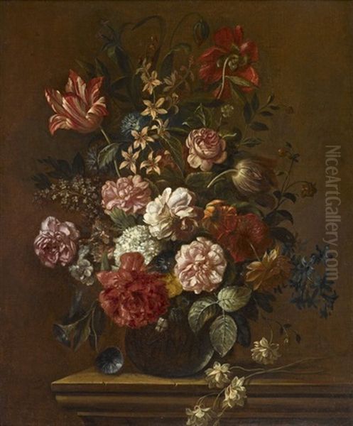 Vase Pose Sur Une Console Contenant Des Roses Cent-feuilles, Des Tulipes, Des Pavots, Des Pivoines, Des Anemones Simples Et Doubles, Des Hypomees, Des Boules De Neige Et D'autres Fleurs Oil Painting by Jakob Bogdani