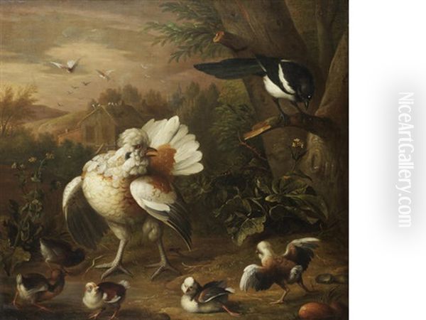 A Hen And Her Chicks, With A Magpie, Before A Farm House Oil Painting by Jakob Bogdani