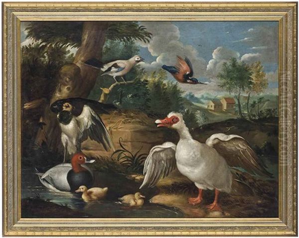 A Muscovy Duck, A Pochard With Ducklings On The Banks Of A River, With Other Birds, A Landscape Beyond Oil Painting by Jakob Bogdani