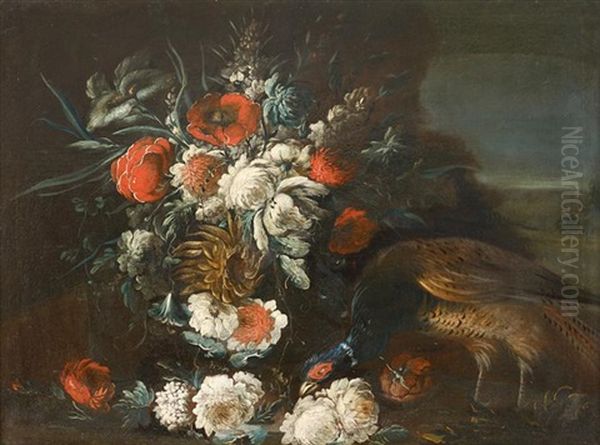 Pheasant And Mixed Flowers In A Landscape Oil Painting by Jakob Bogdani