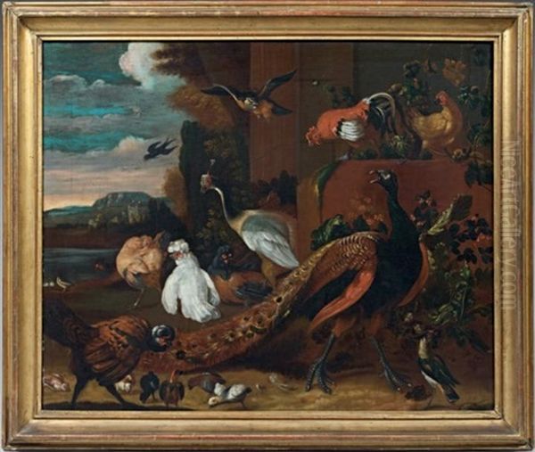 Paon, Poules Et Perroquet Dans Un Paysage Oil Painting by Jakob Bogdani