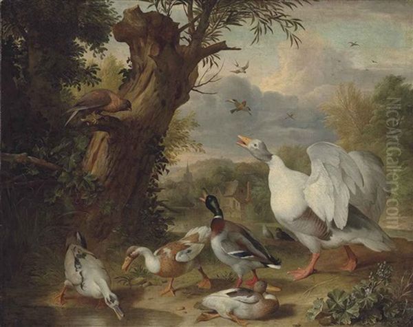 A Goose, Ducks And A Raptor By A Pond In A Wooded Landscape, A Farmyard And A Church Beyond Oil Painting by Jakob Bogdani