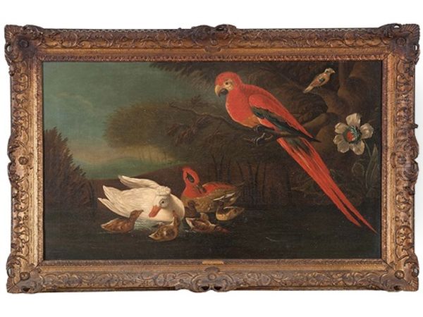 Parrot And Ducks In A Lake Landscape Oil Painting by Jakob Bogdani