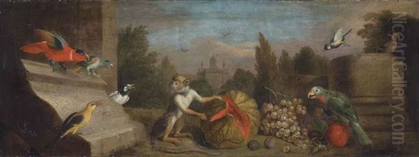 A Capucin Monkey Eating A Melon With A Parrot, A Parakeet, A Golden Oriole And Other Exotic Birds, With Grapes And Plums Beside Classical Ruins Oil Painting by Jakob Bogdani