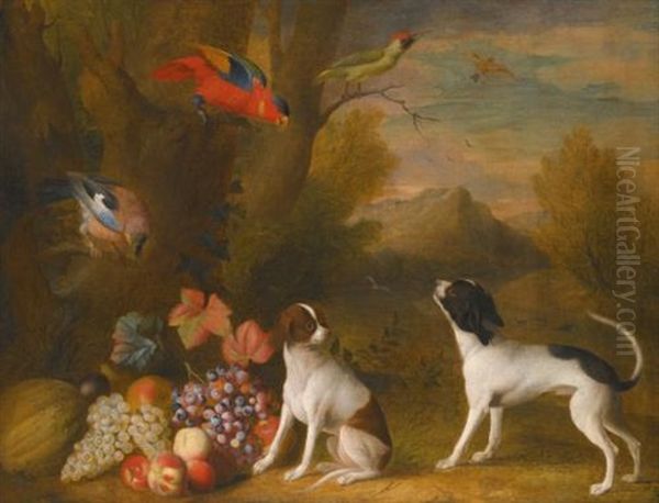 Landscape With Exotic Birds And Two Dogs Oil Painting by Jakob Bogdani