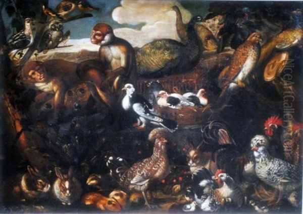 Menagerie Of Wild Fowl With Monkeys Oil Painting by Jakob Bogdani