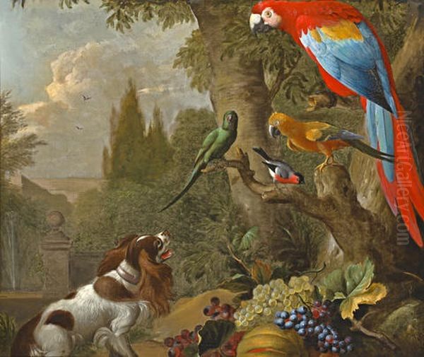 A Still Life With Fruit, Parrots, Cockatoo And Spaniel Oil Painting by Jakob Bogdani