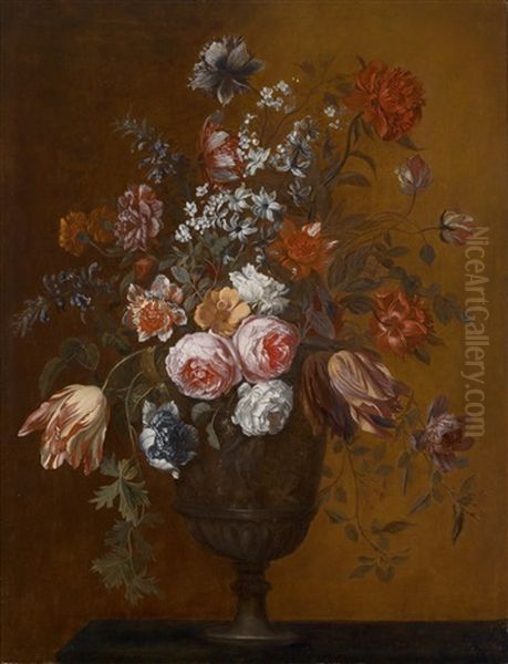 Ein Stillleben Von Rosen, Tulpen, Anemonen Und Anderen Blumen In Einer Ornamentierten Vase Auf Einem Podest Oil Painting by Jakob Bogdani