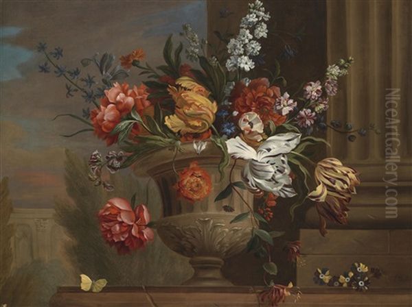 Ein Blumenbouquet In Reliefierter Steinvase Vor Architektonischer Kulisse Oil Painting by Jakob Bogdani