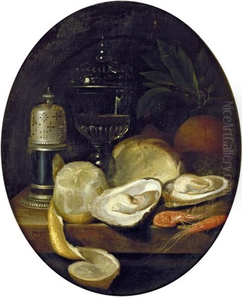 Stilleben Mit Austern, Zitrone, Weinkelch Und Salzbuchse Oil Painting by Jakob Bogdani