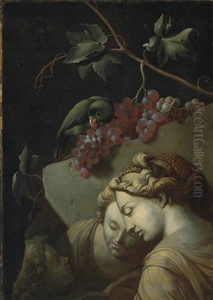 A Parrot Eating Grapes On A Fragment Of A Classical Relief Oil Painting by Jakob Bogdani