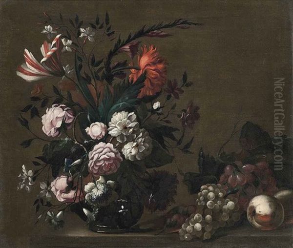 Roses, A Parrot Tulip, Chrysanthemums And Other Flowers In A Glass Vase, With Grapes And Peaches On A Stone Ledge Oil Painting by Jakob Bogdani