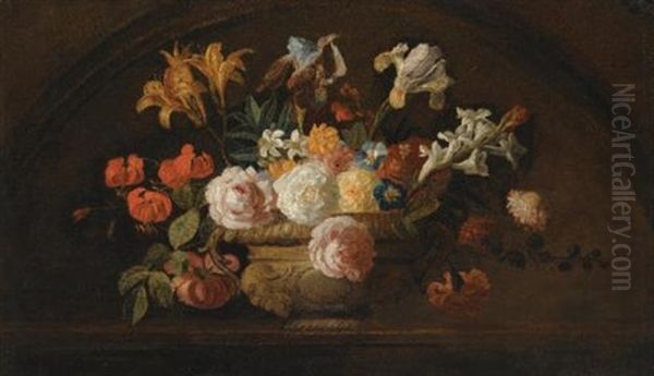 Still Life Of Flowers In A Vase On A Marble Shelf Oil Painting by Jakob Bogdani