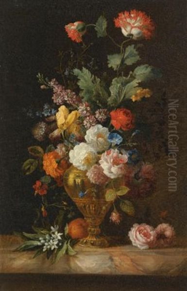 A Still Life Of Roses And Other Flowers In A Metal Vase On A Marble Ledge Oil Painting by Jakob Bogdani