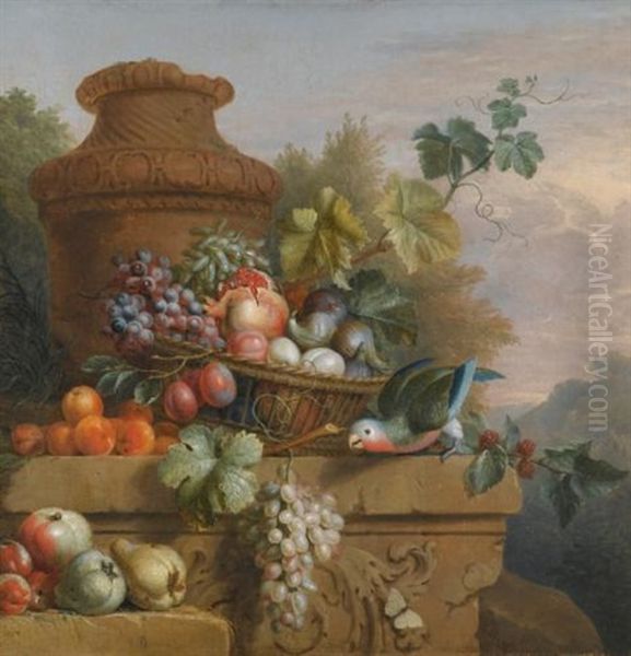 Still Life With A Basket Of Fruit, A Parrot And An Urn On A Carved Stone Ledge Oil Painting by Jakob Bogdani